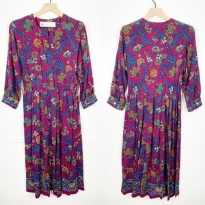 Vintage Purple Paisley Print Long Sleeve Crew Neck Swing Skirt Belted Midi Dress